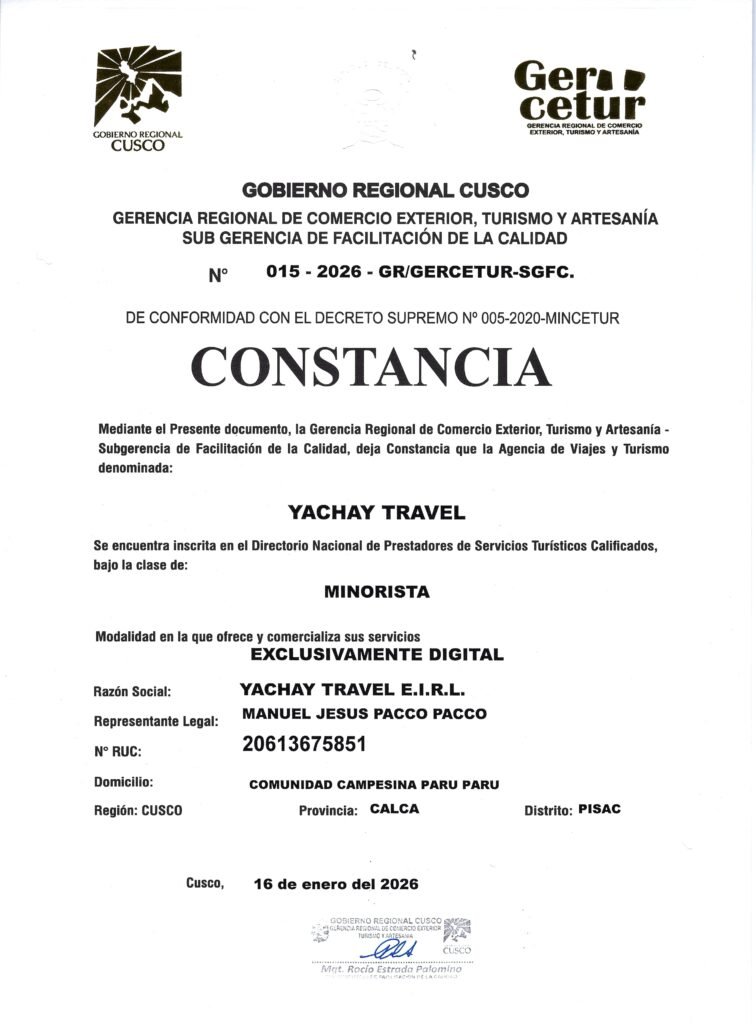 Tourism authorization certificate from GERCETUR Cusco for Yachay Travel tour operations.